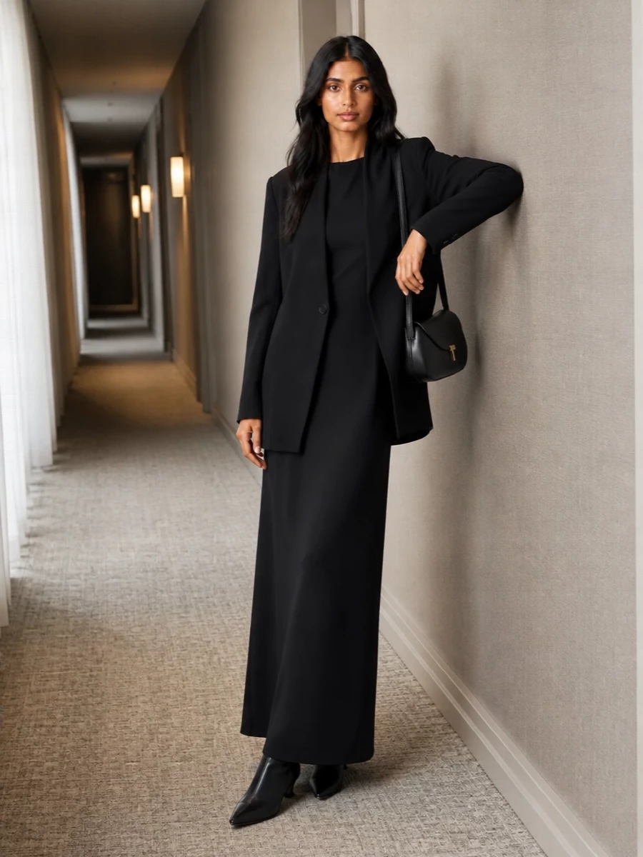 Toteme black coat maxi dress outfit