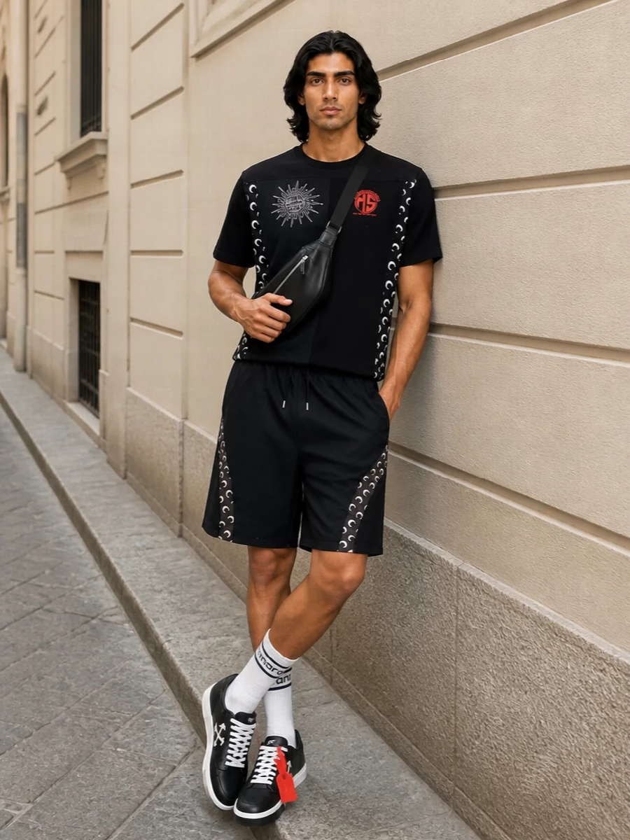 Marine serre moon tee black shorts off white sneakers