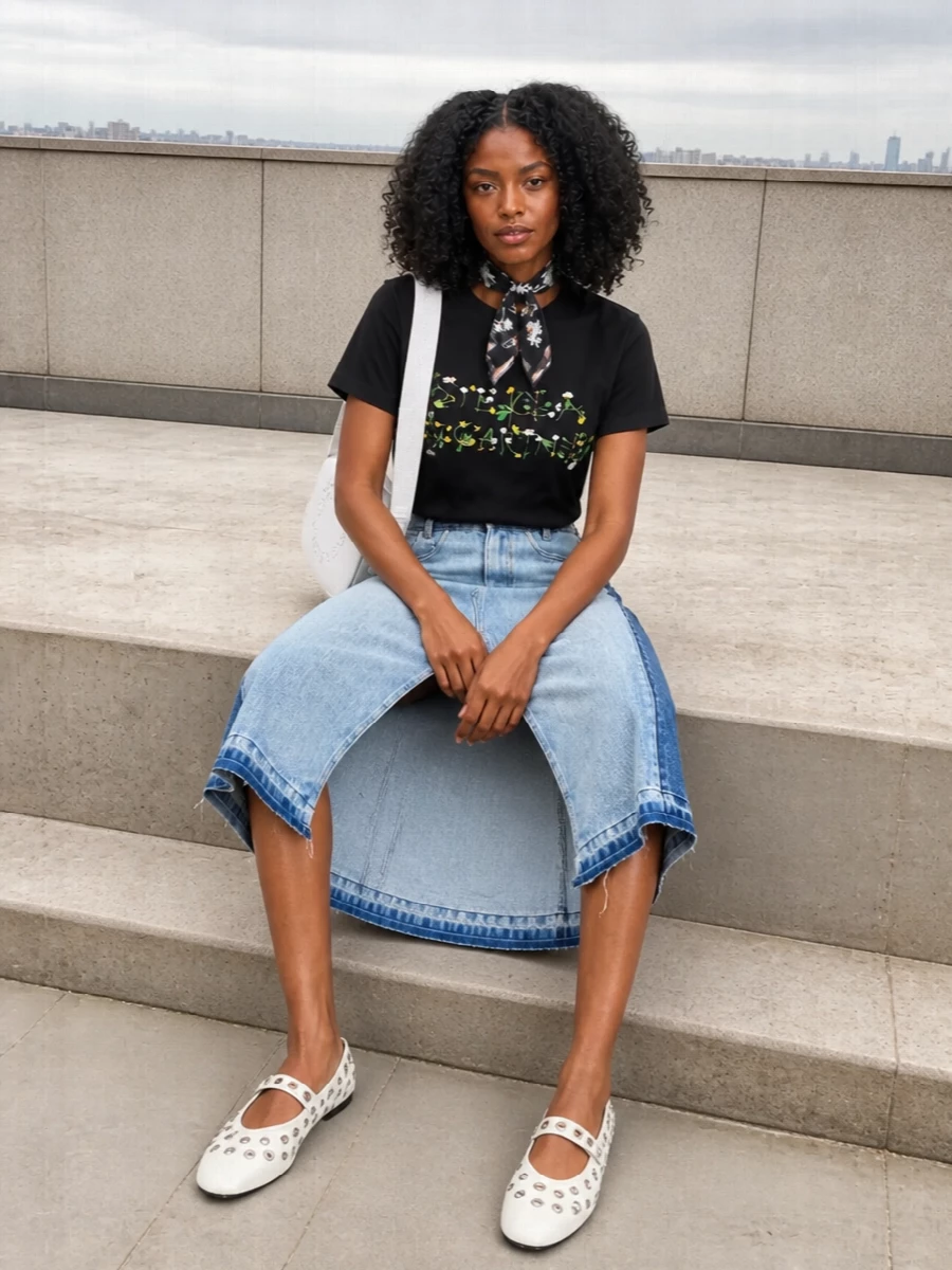 Stella mccartney floral tee denim midi outfit