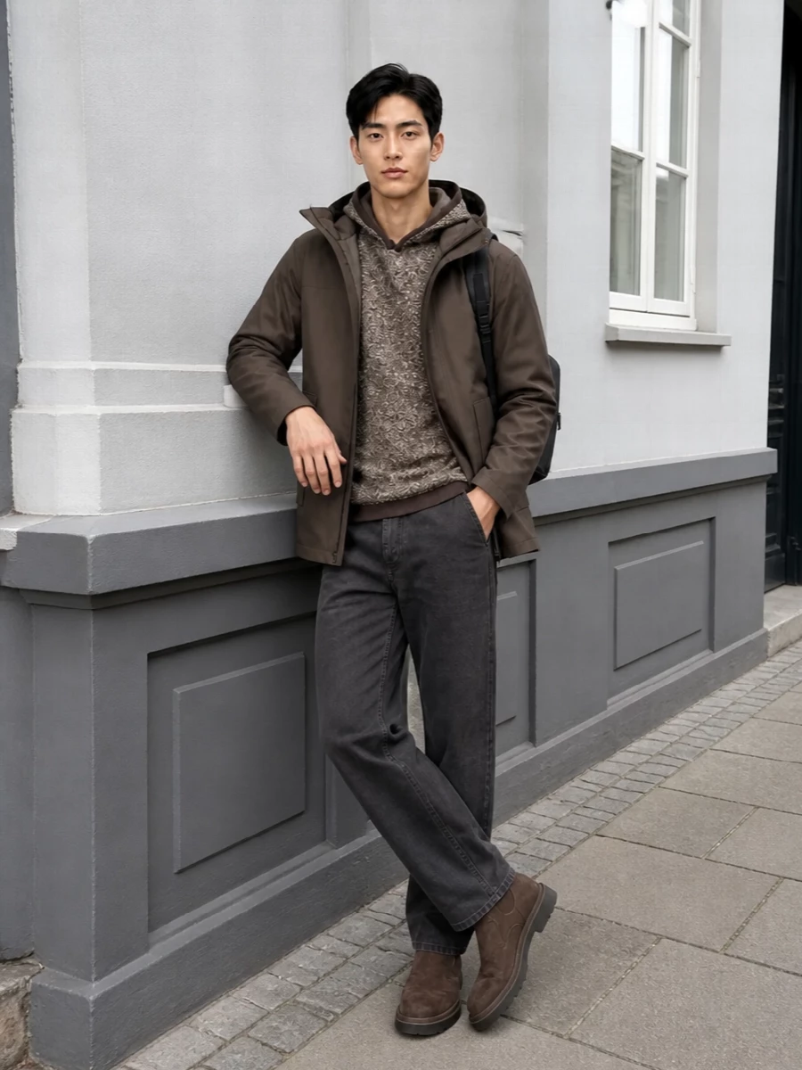 K way brown jacket chelsea boots outfit