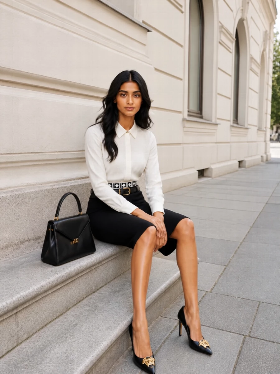 Versace black pencil skirt ivory shirt outfit