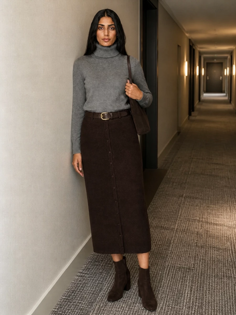 Victoria beckham brown knit skirt grey turtleneck