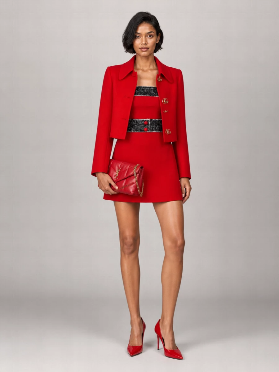 I’m anchoring this with the dress path so the Gucci coat can sit as the sole tailoring layer, which keeps the double-jacket clash at bay and lets the cropped shape define your waist. The Dolce&Gabbana mini, patent red pumps and quilted Saint Laurent bag create a tight crimson-and-gold story that feels unapologetically y2k yet couture-level polished for autumn evenings. Head to toe, it reads as sharp, leggy and confident, with the coat as a true statement topper rather than part of a suit.