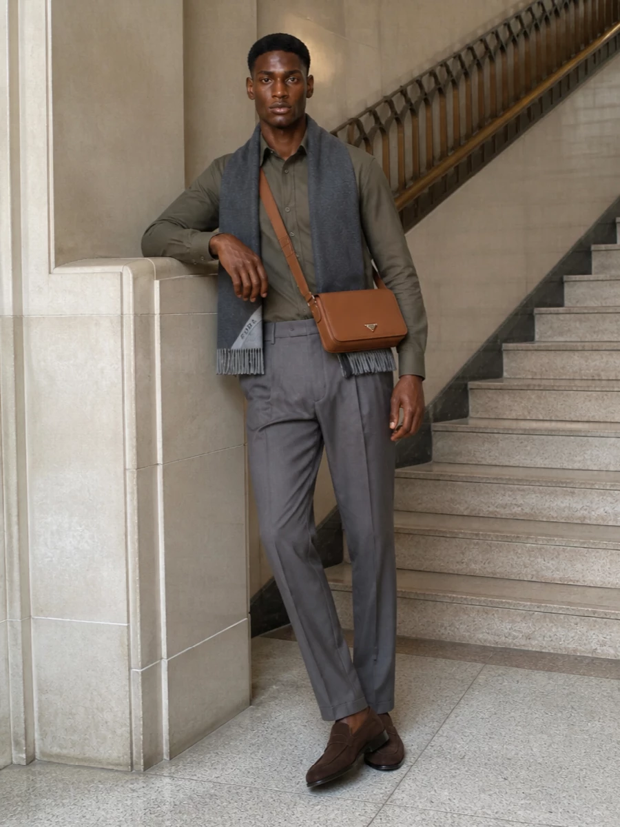 Herno shirt grey trousers tods loafers