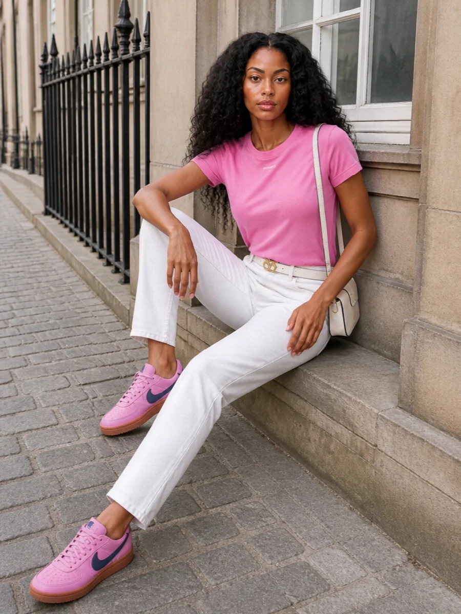 Bubblegum pink meets clean white for a bright, city-ready mix that feels fun but still pulled together. Straight white denim sharpens the tee’s boxy ease, while the matching pink sneakers keep the energy sporty and coherent. An ivory mini bag and slim white belt pull the palette into a fresh, polished finish you can wear from coffee runs to casual dinners.