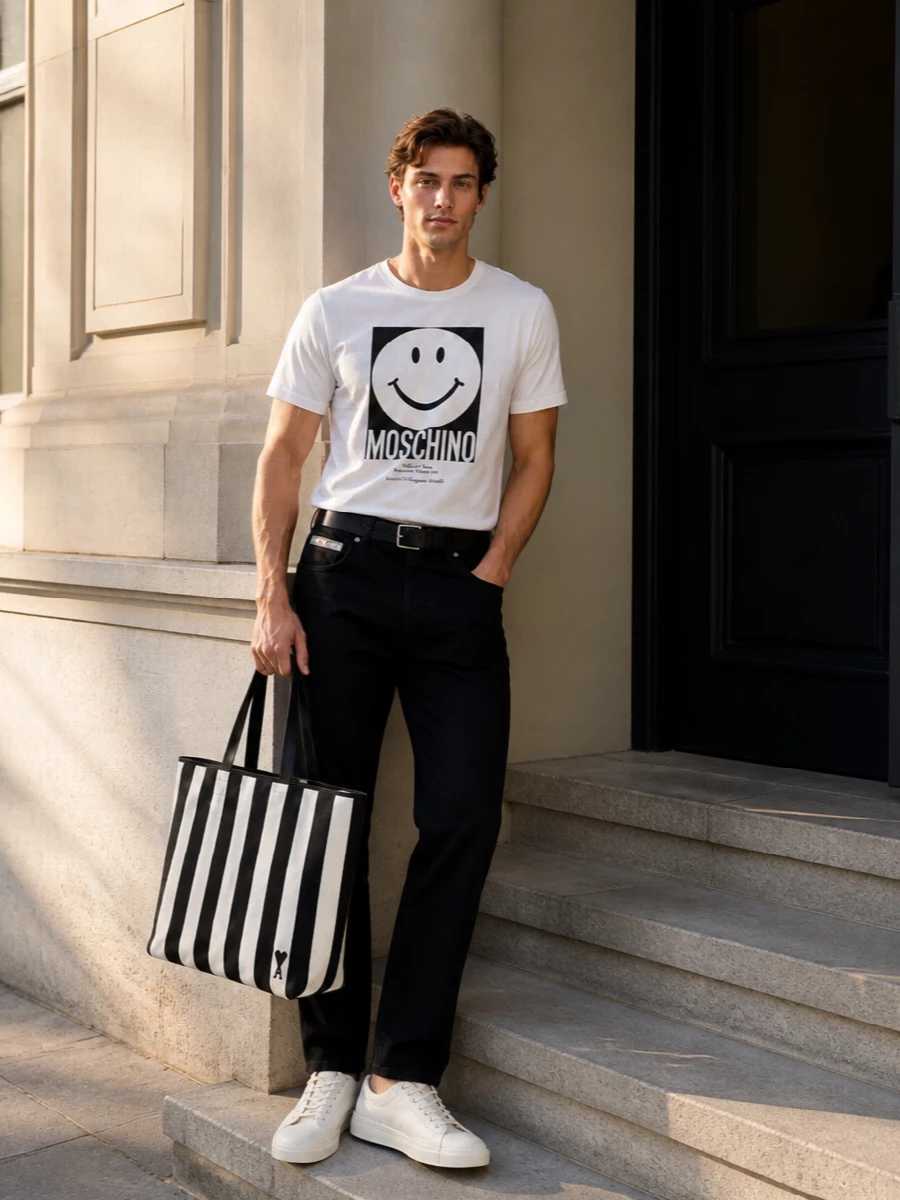 Moschino smiley tee black jeans sneakers