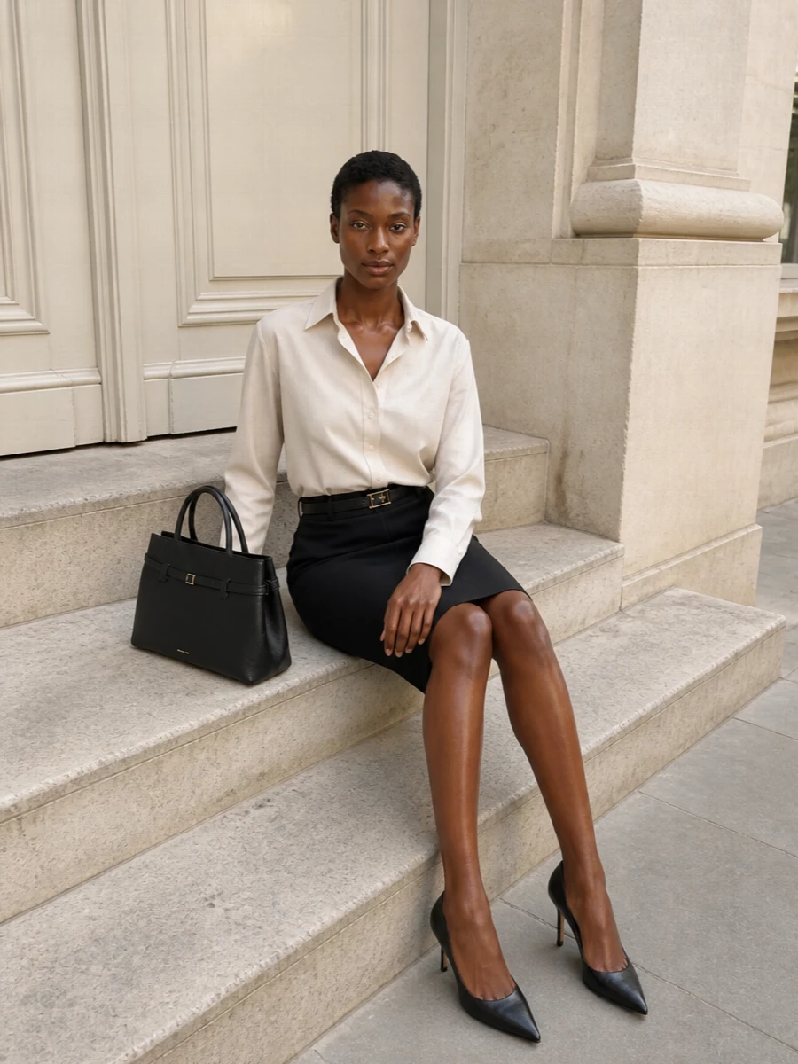 Andamane pencil skirt beige shirt outfit