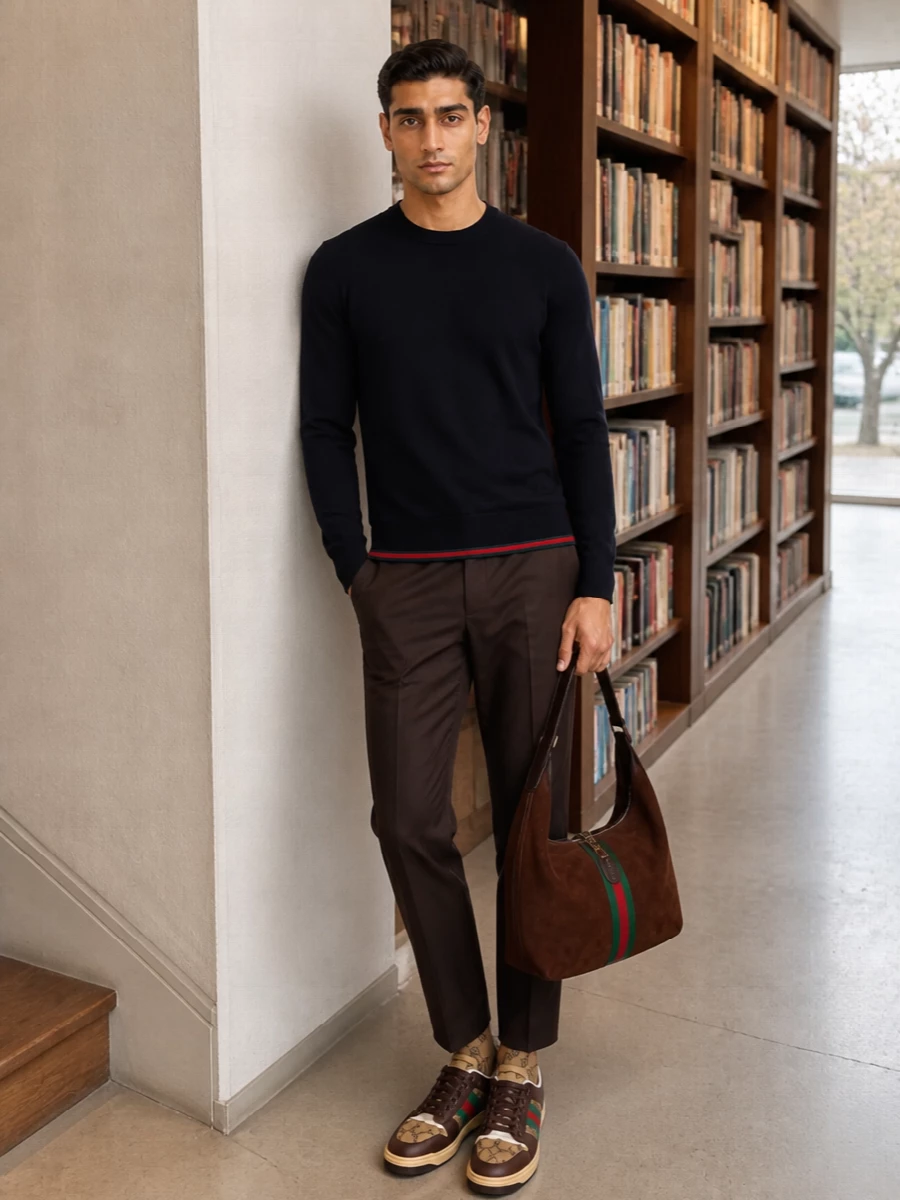 Gucci mens navy sweater brown trouser outfit