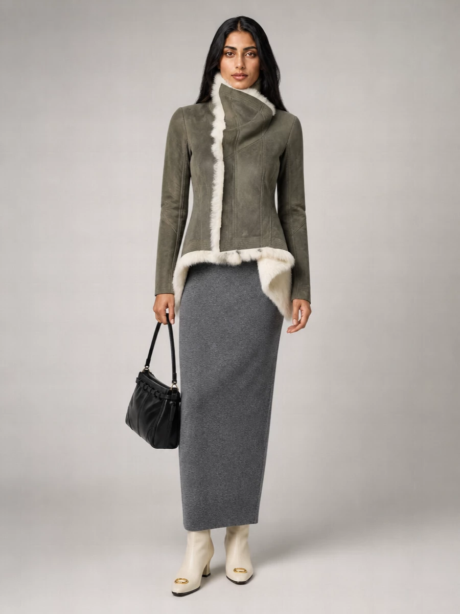 I am committing to the dress path here, because a single slim knit column under that sculptural shearling coat feels truest to its quiet, architectural drama. The charcoal Givenchy dress and cream Valentino boots echo the coat’s long, directional lines while subtly lifting its olive-grey and winter white palette. A structured black Prada shoulder bag sharpens the whole ensemble into a powerful, under-the-radar city uniform for cold evenings.