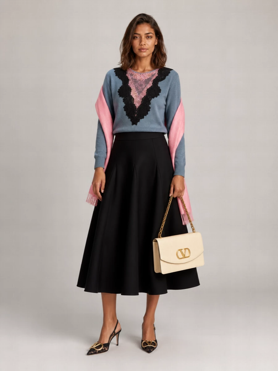 Valentino Garavani Virgin Wool V-Neck Lace-Panel Sweater