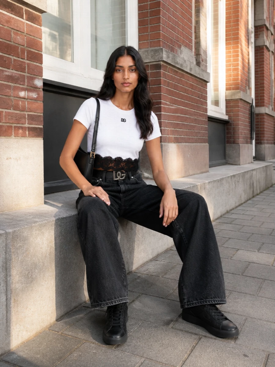 Dolce gabbana lace crop tee black wide leg jeans