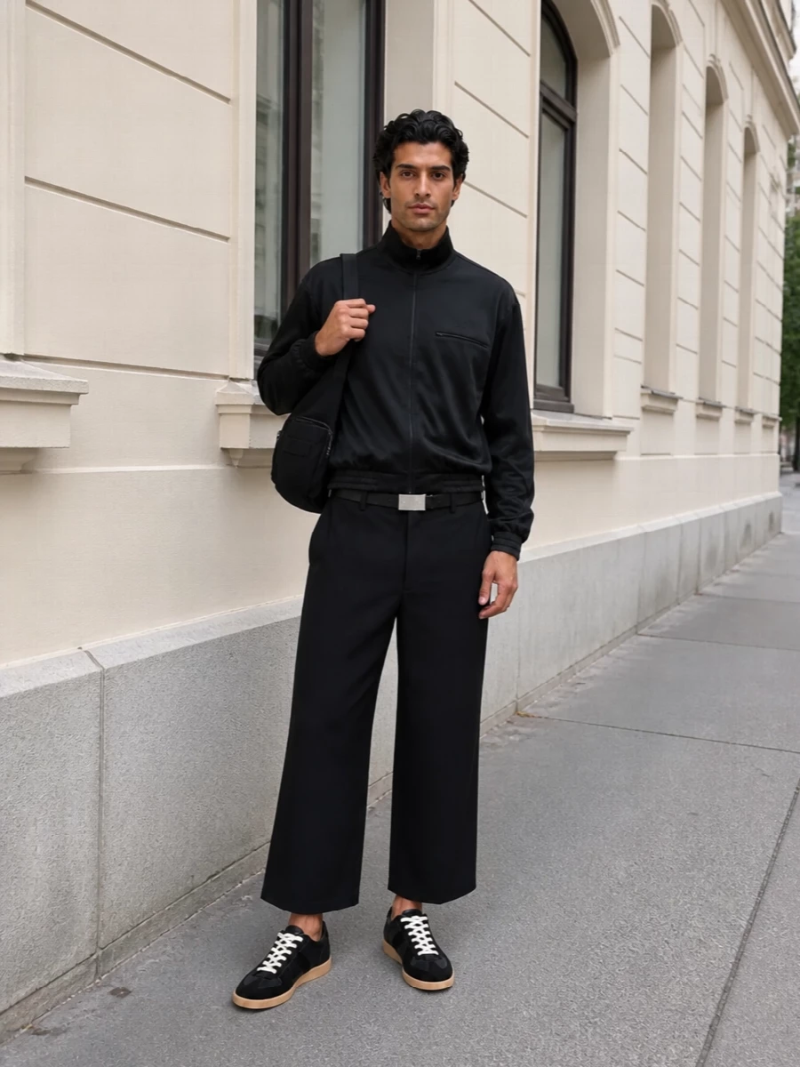 Head-to-toe Margiela keeps this monochrome track pairing feeling considered rather than gym-bound, with the cropped wide leg counterbalancing the clean volume of the zip jacket. The dark palette and straight-through textures lean into a low-key, urban uniform, while the split-toe-inspired sneakers and asymmetric sling introduce just enough quiet detail to make it interesting up close.