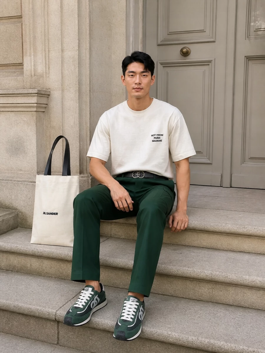 Off-white and deep forest green keep this combo clean but characterful, with the printed tee sitting crisply over structured cargos. Sporty runners pick up the green again, so the color story runs tight from hip to ground. An off-white tote and a slim black belt finish it with just enough polish to move from coffee runs to casual dinners without a change.