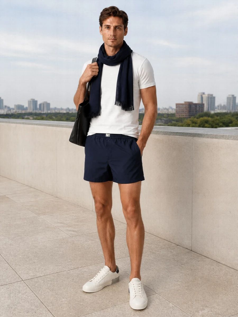 Navy swim shorts and a dense white tee create a sharp, minimal base that slips easily from beach to city. Off-white sneakers with a navy accent keep the line sporty but polished, while a structured black tote and navy scarf add practical sophistication without disturbing the clean monochrome palette.