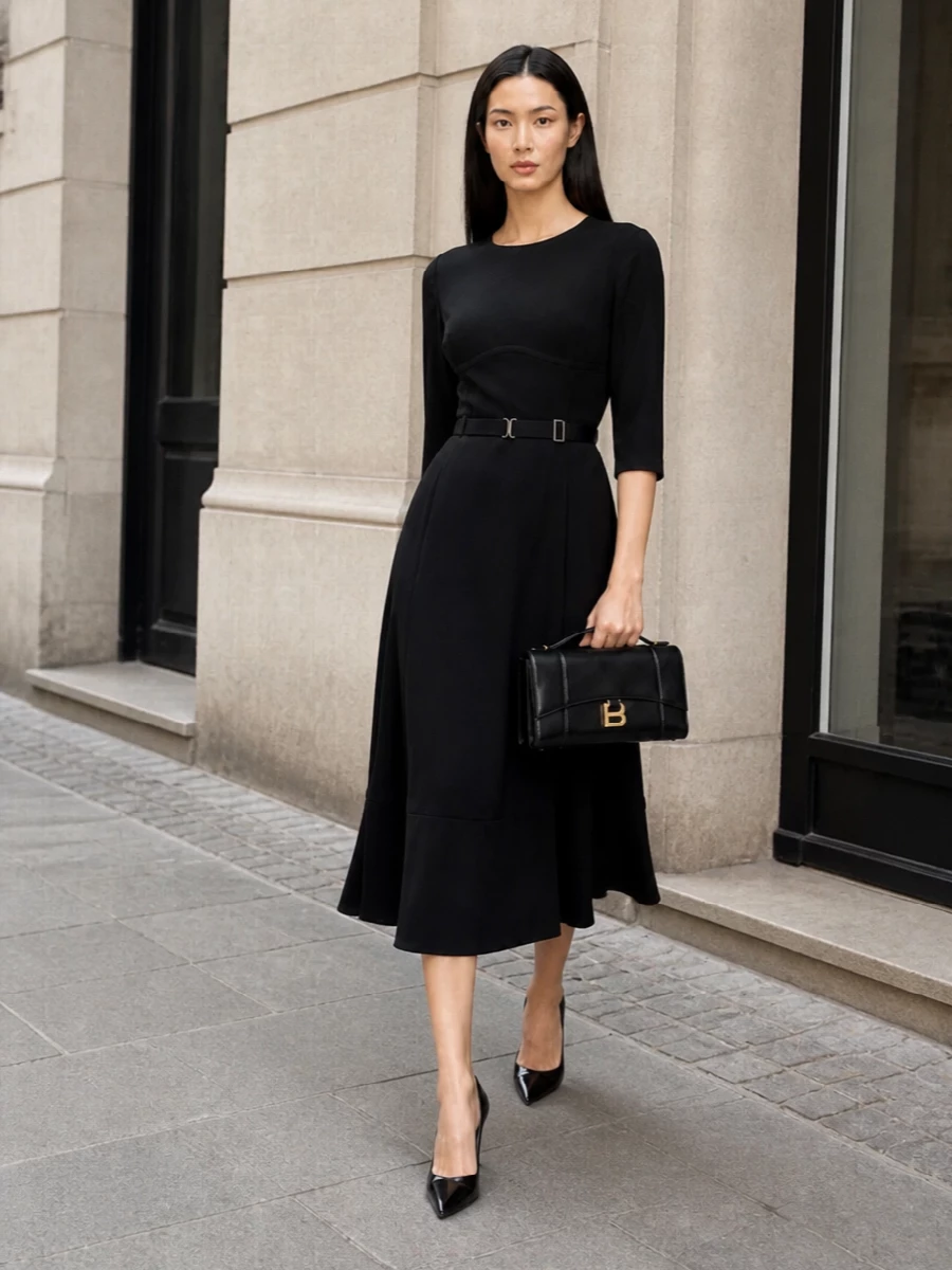 Prada black midi dress balenciaga clutch outfit