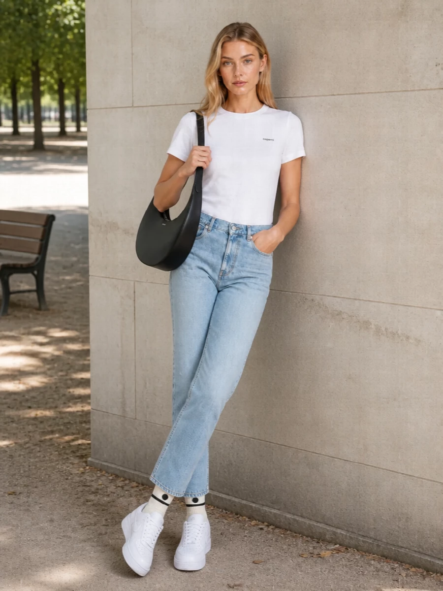 A crisp white Coperni tee meets light-wash straight denim for a clean, Paris-leaning streetwear base. White Nike sneakers keep it relaxed and practical, while a sculptural black Coperni bag sharpens the monochrome accents. Off-white branded socks add just enough sport detail without disturbing the minimalist mood.