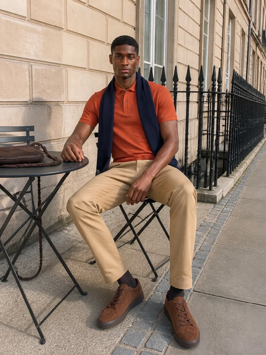 Paul smith burnt orange polo camel chinos outfit