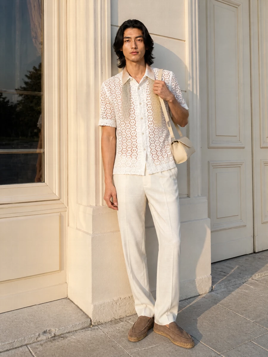 Sefr lace shirt lardini off white trousers outfit