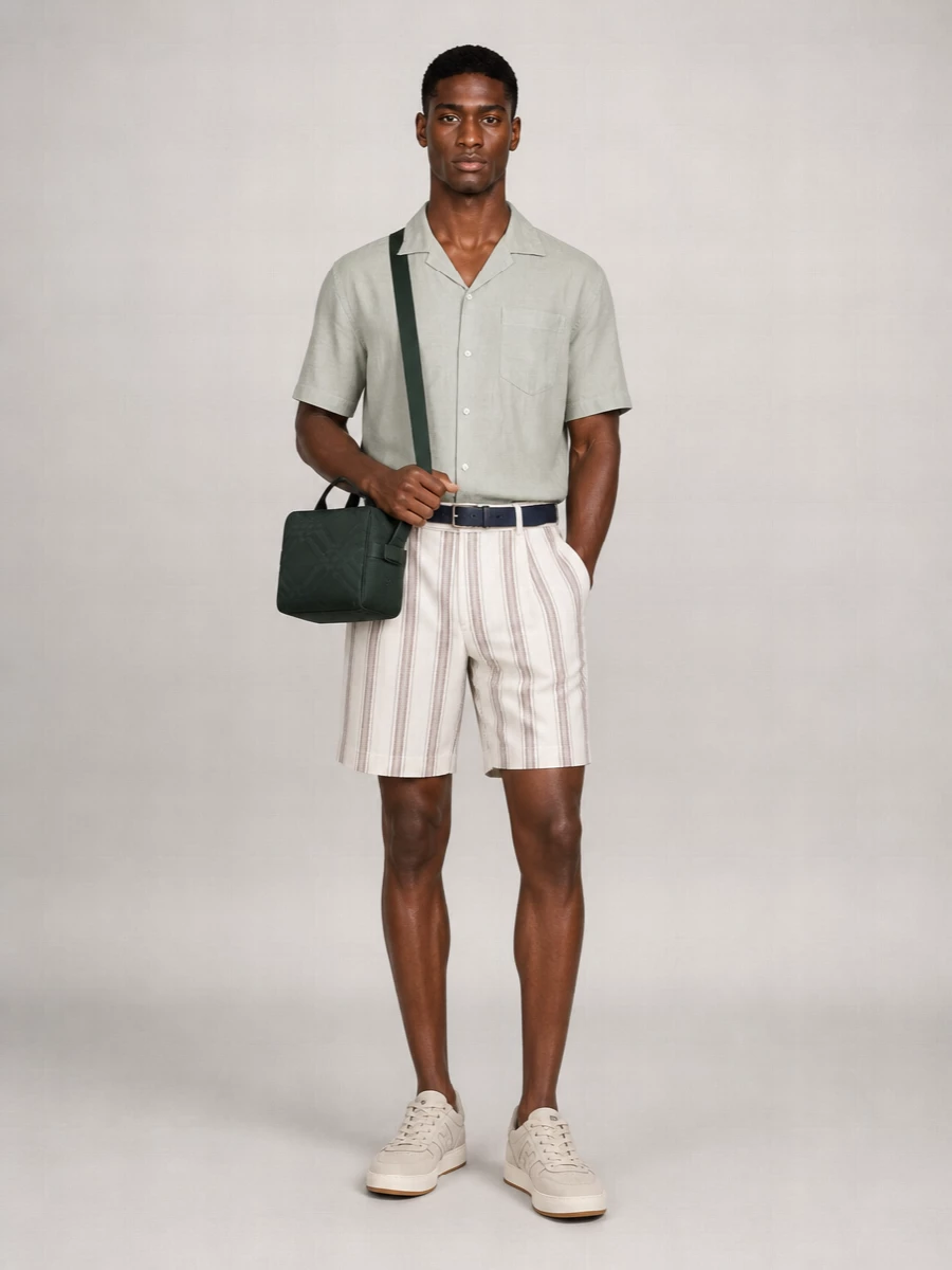 Soft sage and muted stripes set an easy, modern tone, with the tailored shorts keeping the camp shirt feeling sharp rather than beachy. Taupe leather sneakers and a navy belt anchor the neutrals, while the compact forest green bag adds just enough colour to stay interesting but still calm.