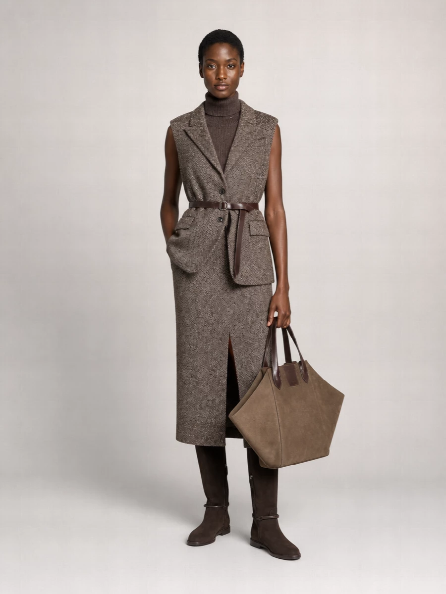 Brunello Cucinelli Virgin Wool Herringbone Belted Sleeveless Single Breasted Coat