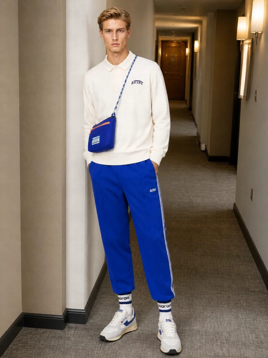 Autry track pants polo retro sneakers outfit