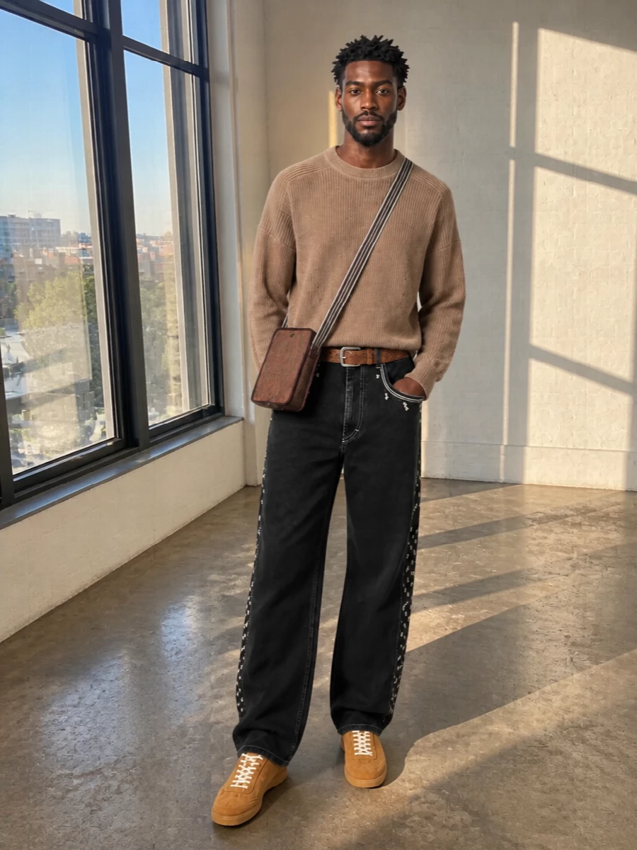 Isabel marant wide leg jeans camel sweater outfit