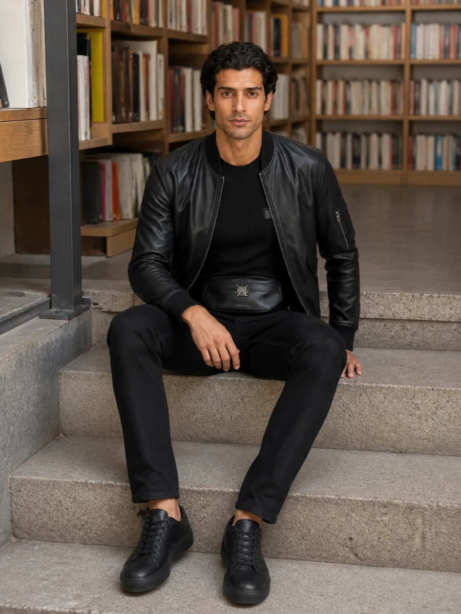 Dolce gabbana black leather bomber streetwear outfit