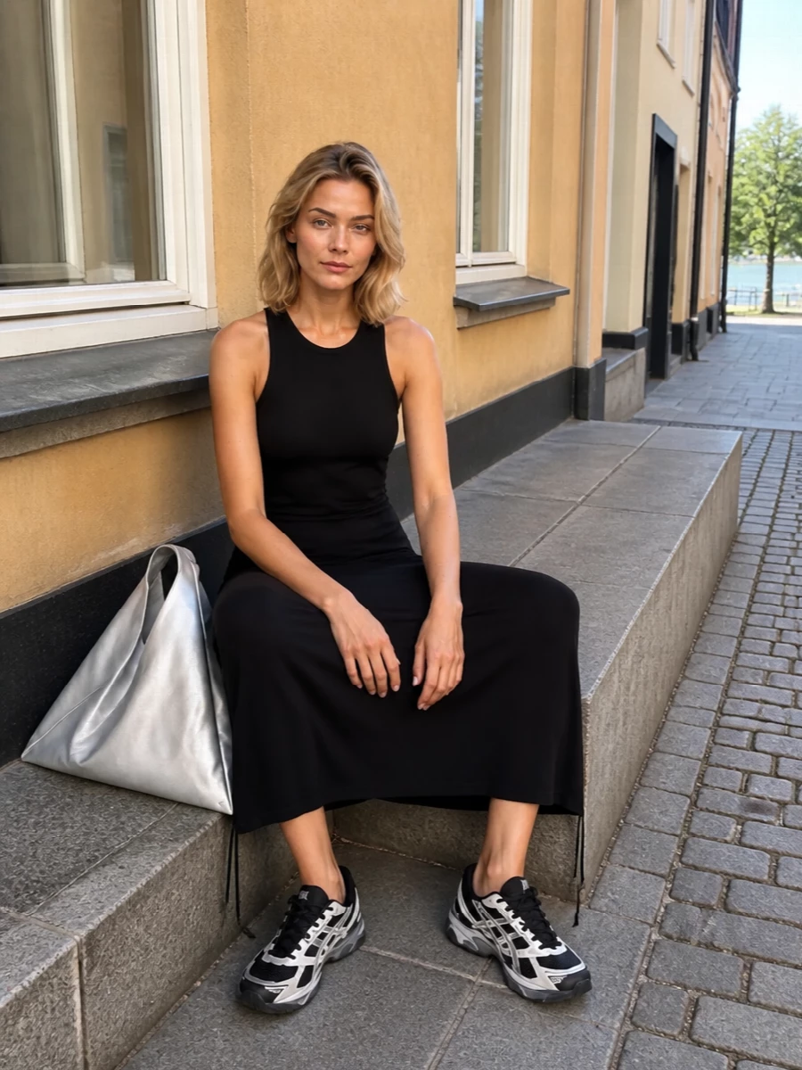 Y3 black tank dress asics sneakers