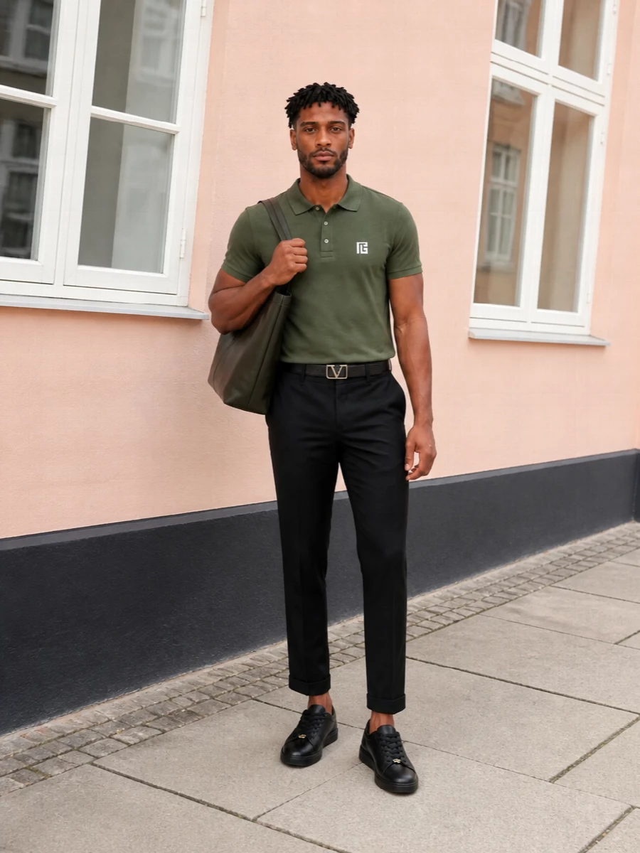 Balmain olive polo black cuffed trousers outfit