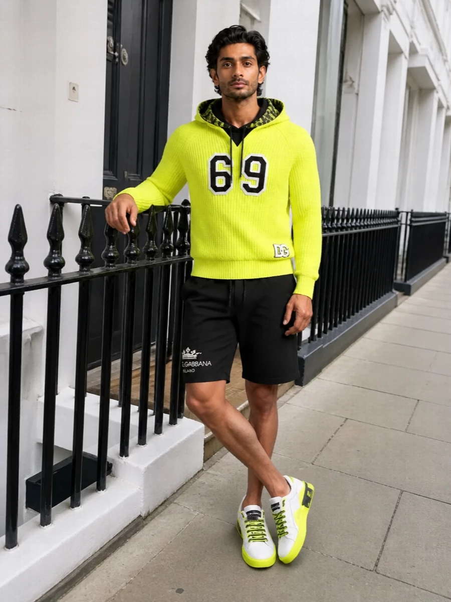 Dolce gabbana neon hoodie black shorts outfit