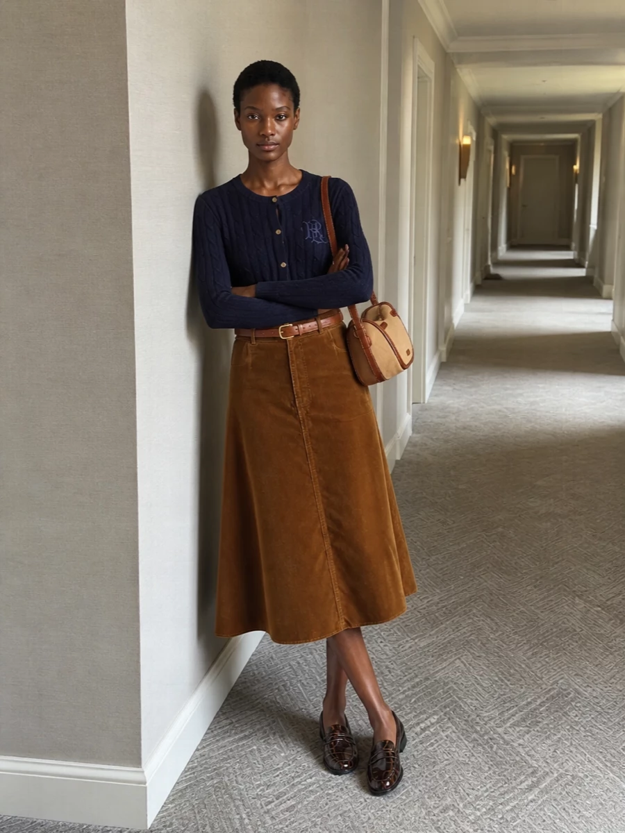 Navy and caramel play quietly against each other here, with the crest cardigan tucked into a swishy cord midi for a polished, collegiate line. Espresso loafers and a structured camel-and-chocolate shoulder bag ground the palette and keep it city ready. A slim tan belt is the final nod to equestrian ease, cinching the waist without shouting over the rest.