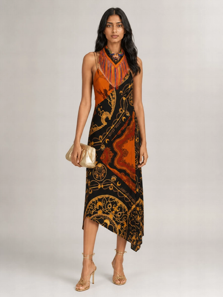 Marine Serre Silk Graphic Print Patchwork Sleeveless V-Neck Asymmetric Hem Midi Dress
