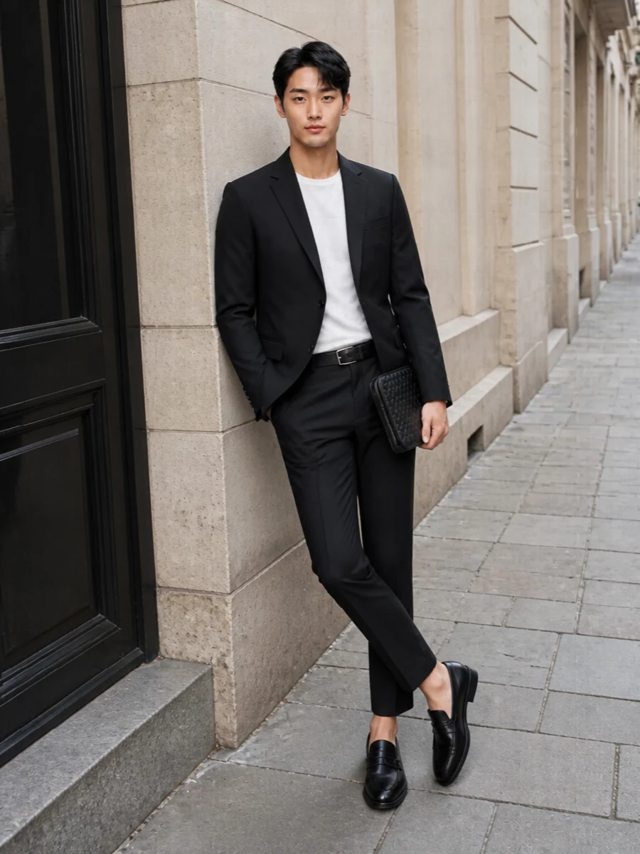 Prada black suit cropped trousers loafers