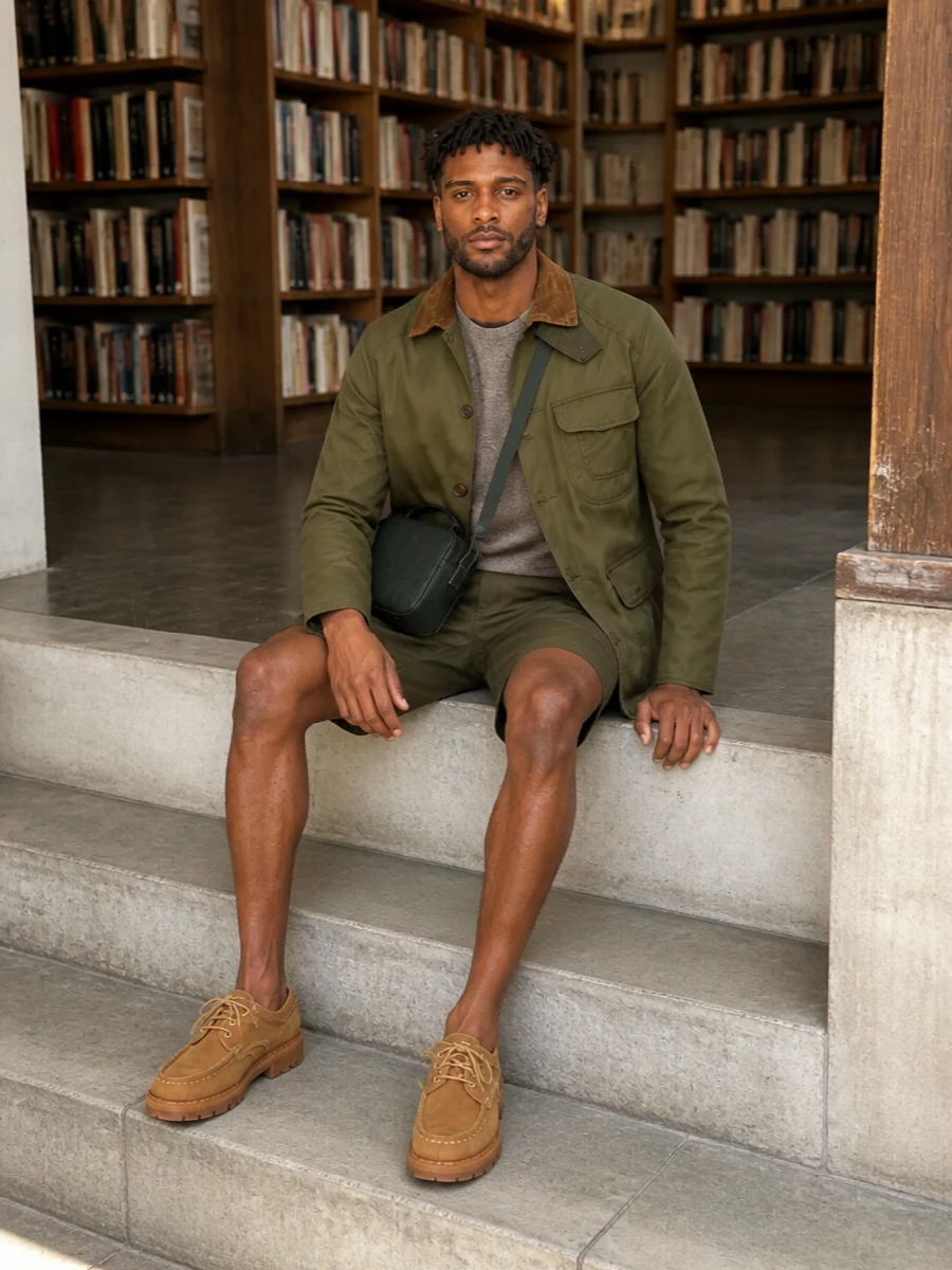 Barbour field jacket herno cargo shorts outfit
