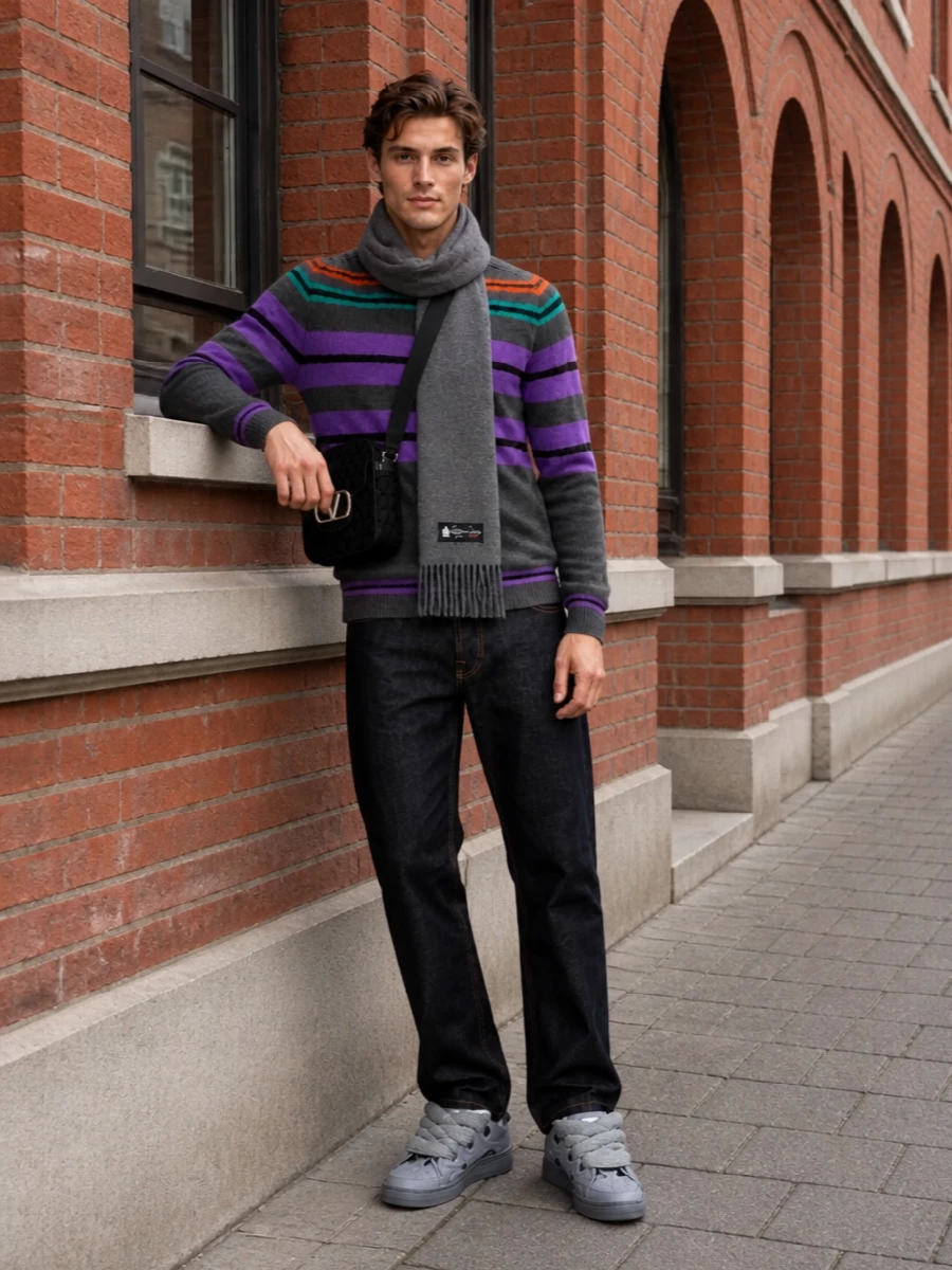 Lanvin’s striped knit takes the lead against clean dark indigo denim for a sharp, collegiate street mood that still feels grown up. Tonal grey sneakers and a monogram crossbody keep the energy graphic and modern while staying firmly in a luxury register. A soft grey scarf ties back to the knit’s base tone for a cold‑weather finish that feels intentional, not over-styled.