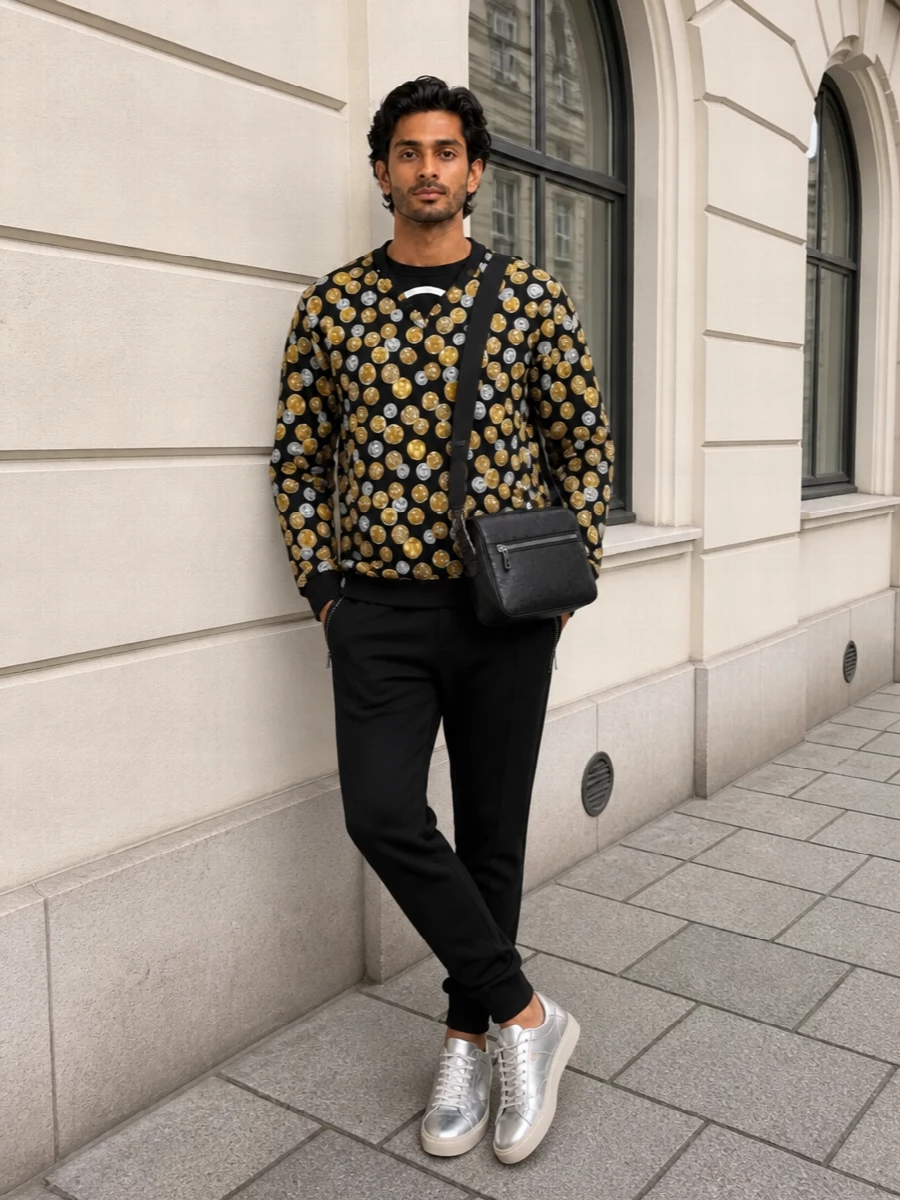Moschino coin sweatshirt black joggers outfit
