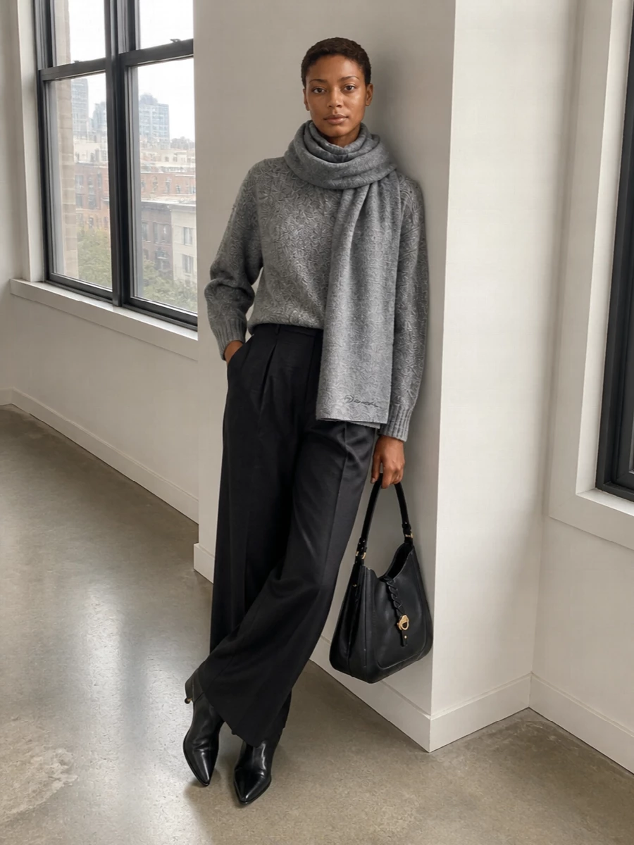 An oversized grey mock-neck sweater relaxes into high-rise charcoal wide-leg trousers for a clean, elongated line in tonal neutrals. Black slouchy ankle boots and a structured black hobo ground the greys with subtle Parisian sharpness. A soft grey scarf adds a final quiet layer without disturbing the minimalist palette.