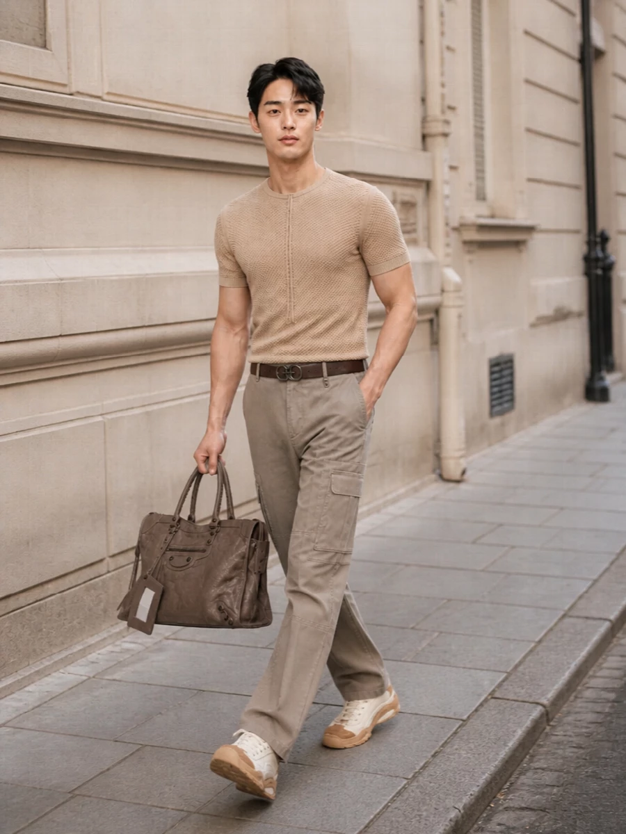 Fendi taupe cargo pants outfit knit top