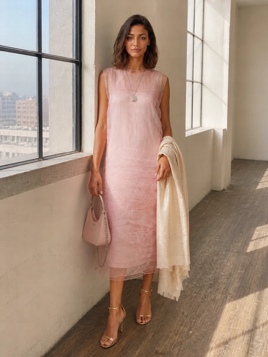 Prada blush sheer midi dress champagne heels