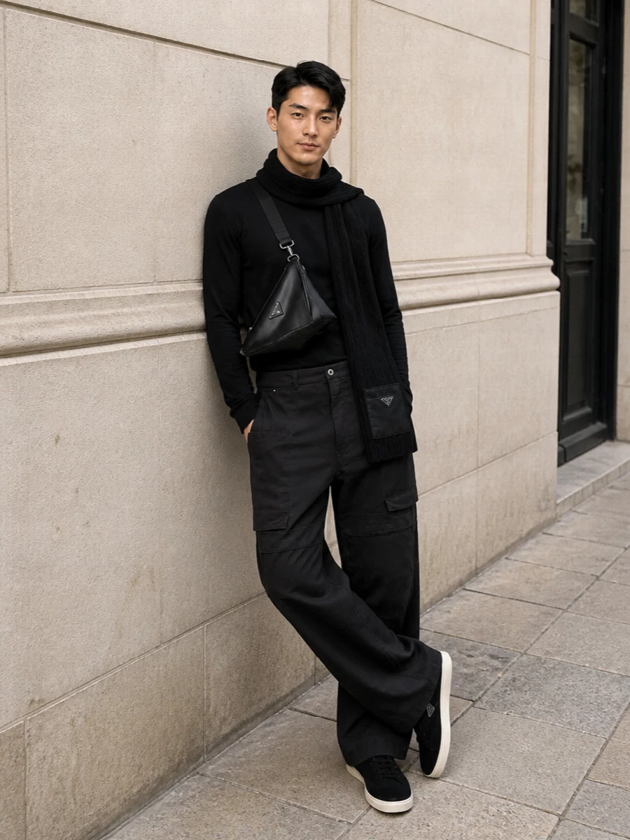 Rick owens inspired black cargo pants outfit