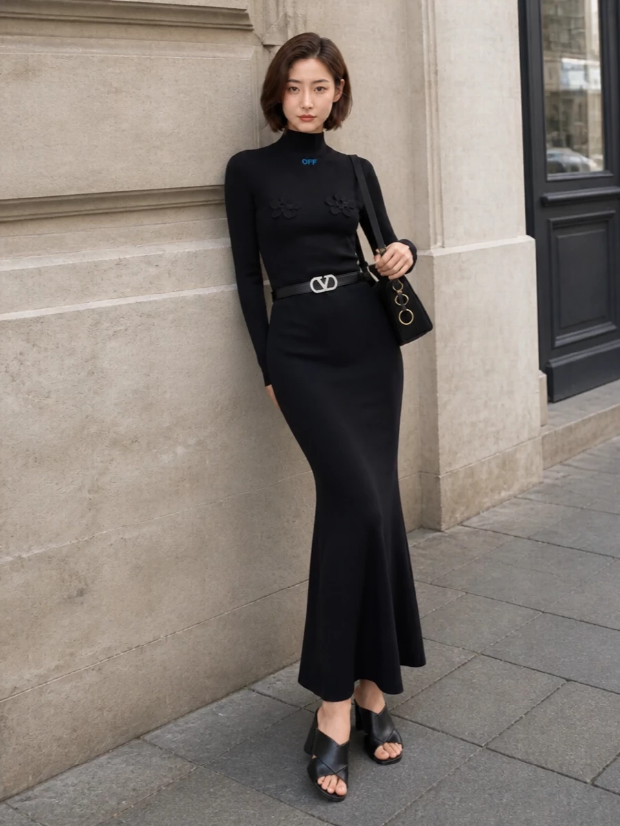 Off white black knit column dress evening style