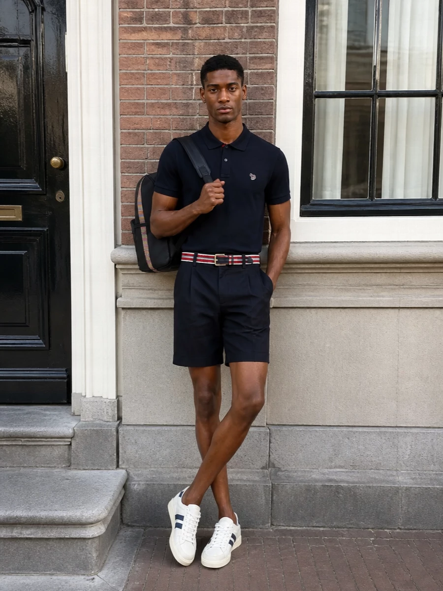 Navy on navy stays crisp here, with tailored shorts keeping the polo smart but relaxed for warm days. Clean white and navy sneakers and a structured backpack keep everything in the same polished, quietly graphic register, while the striped belt adds just enough colour to feel intentional rather than busy.