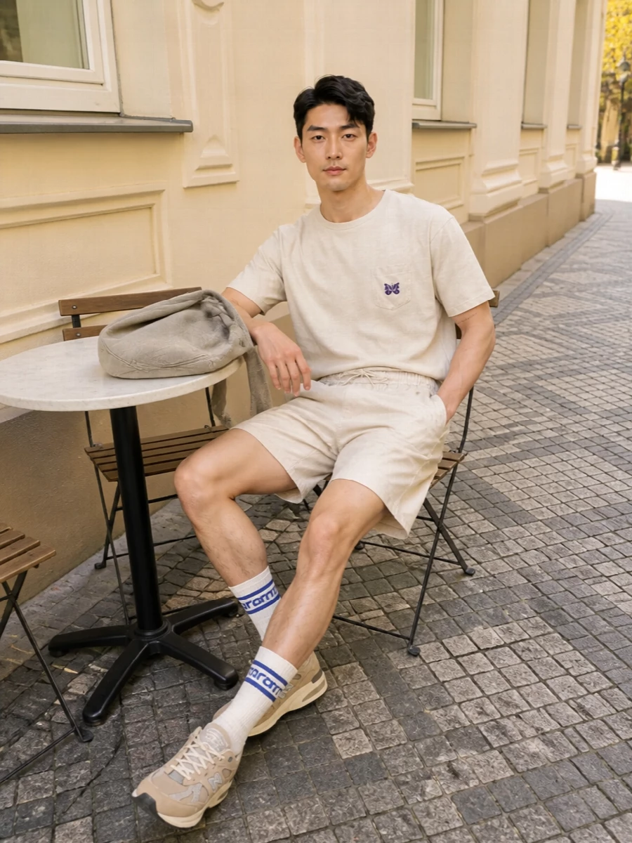 Light beige Needles shorts meet a cream boxy tee for a clean, tonal base that feels relaxed but intentional. Sand runners keep everything grounded in soft neutrals, while the washed stone hobo adds easy texture and movement. A subtle striped sock detail finishes the mix with a quiet, sporty note that still reads minimalist.