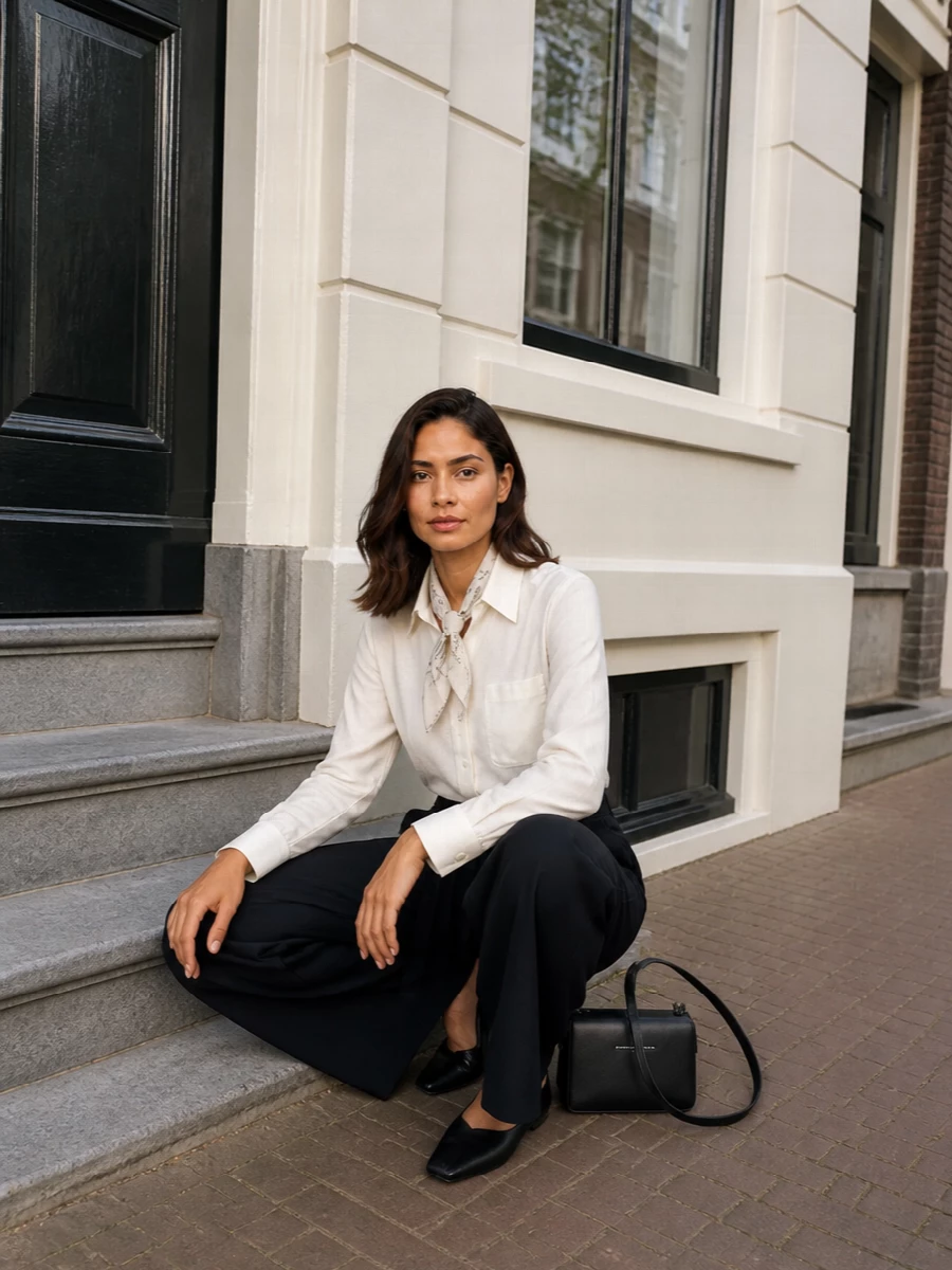 Mm6 margiela ivory shirt navy wide leg trousers