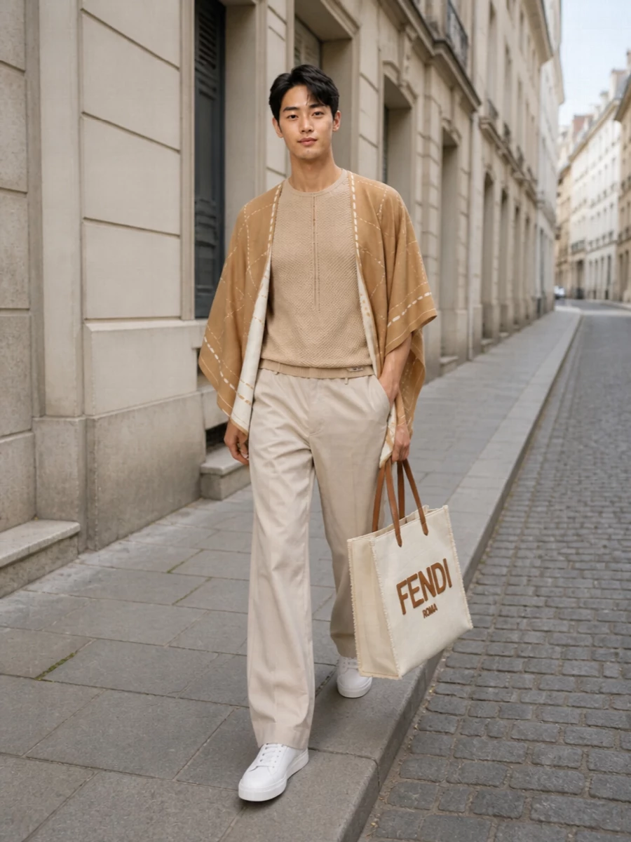 Fendi camel poncho outfit wide leg trousers