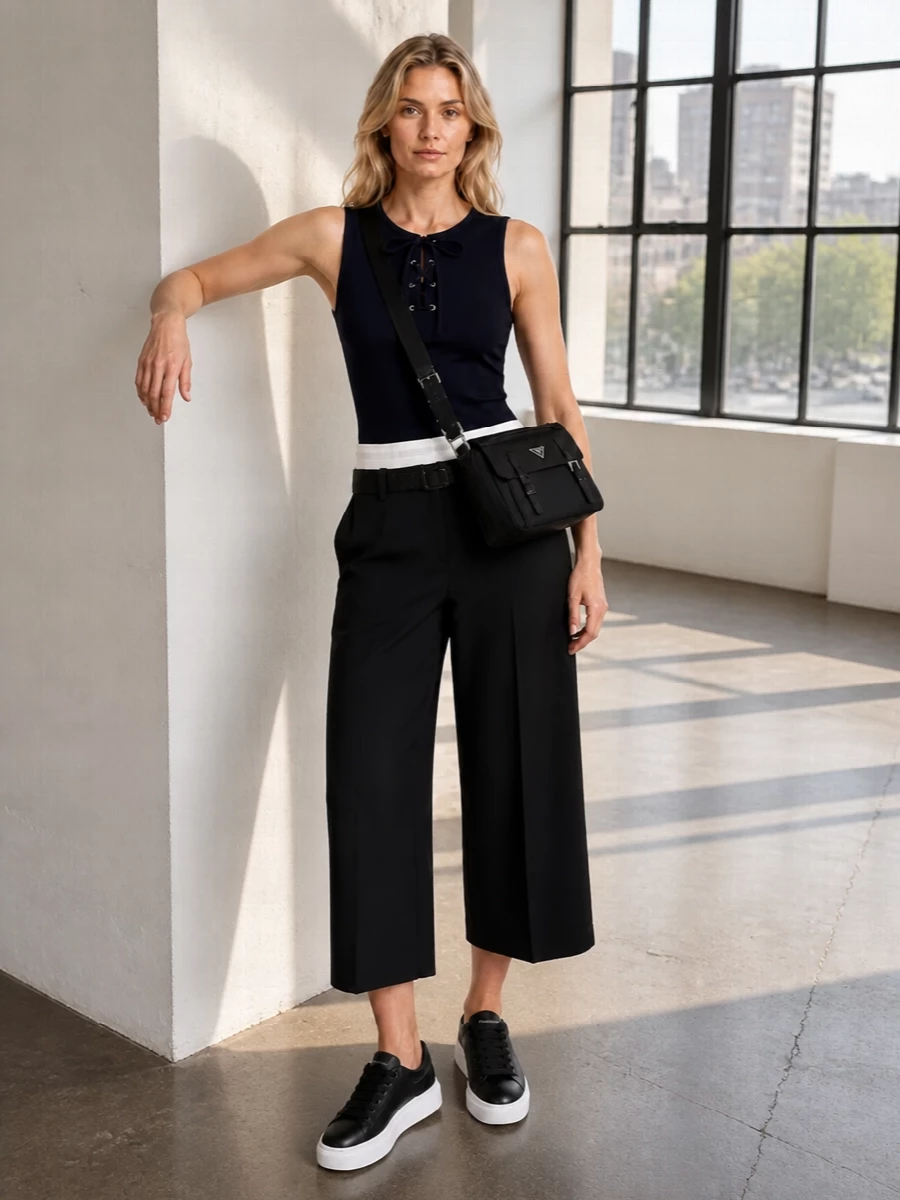 A high-rise, cropped track pant meets a slim, athletic Prada tank for a clean, graphic take on off-duty tailoring. Chunky black-and-white McQueen sneakers ground the volume, while a sleek Prada cross-body and Bottega belt bring just enough structure. The result is sharp, sport-inflected minimalism that works from studio days to low-key dinners without losing polish.