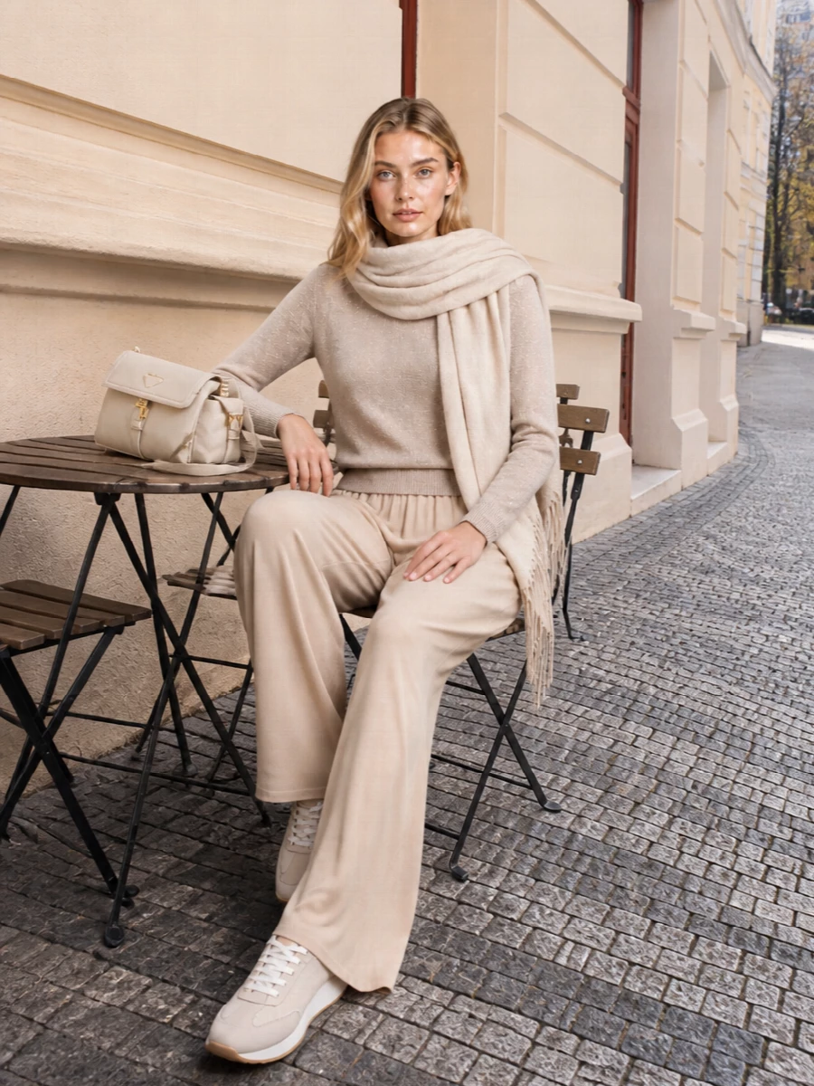 Fabiana filippi beige knit wide leg trouser outfit