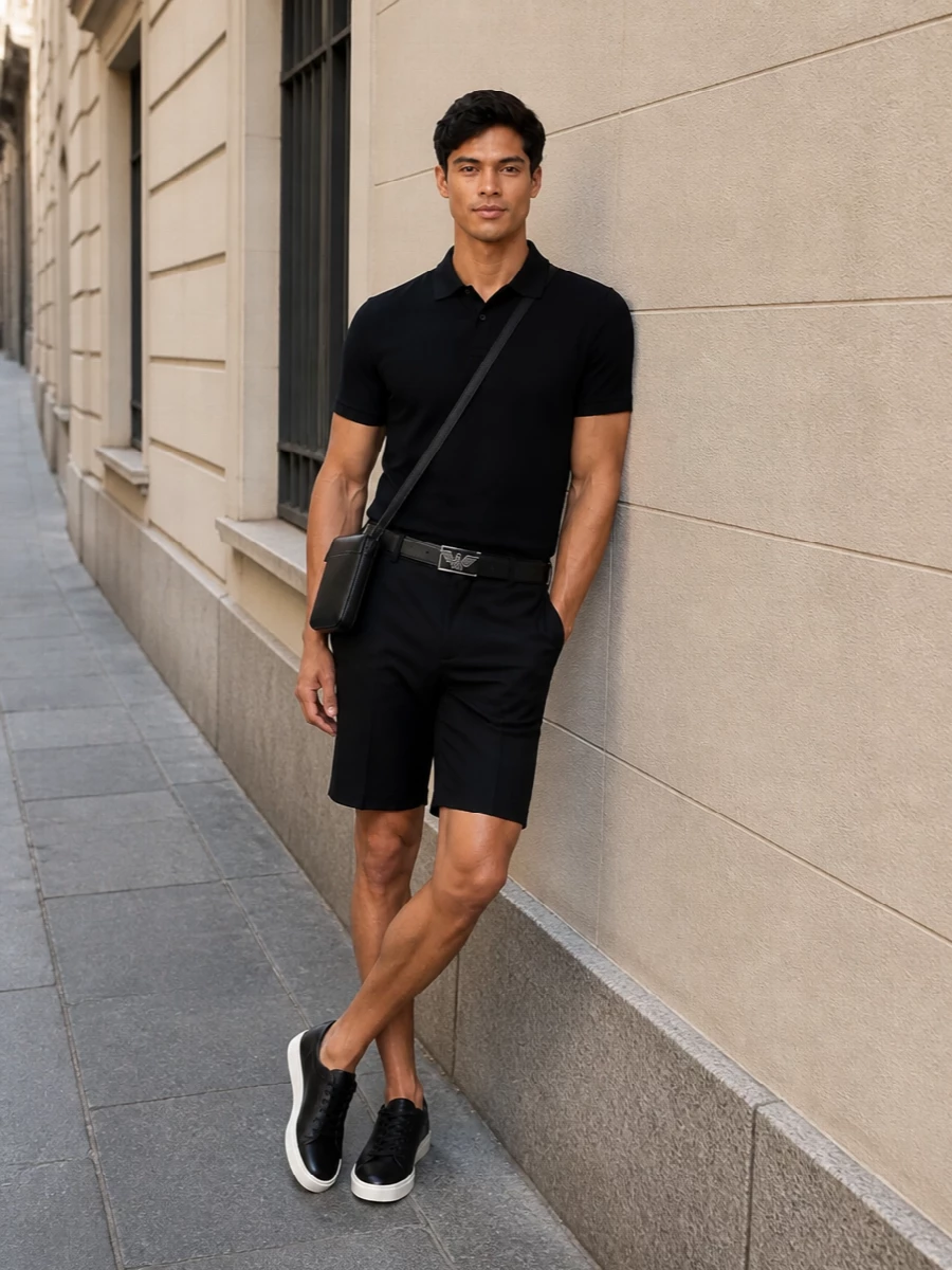 Emporio armani black polo tailored shorts outfit