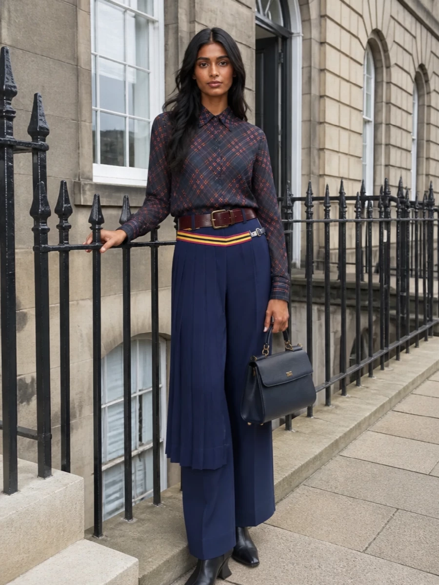 Dries van noten navy wide leg trousers outfit