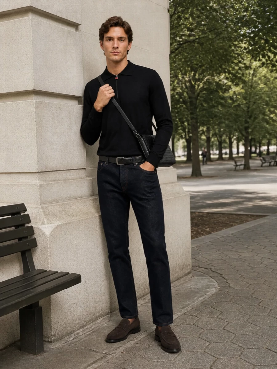 Kiton dark denim black zip polo loafers